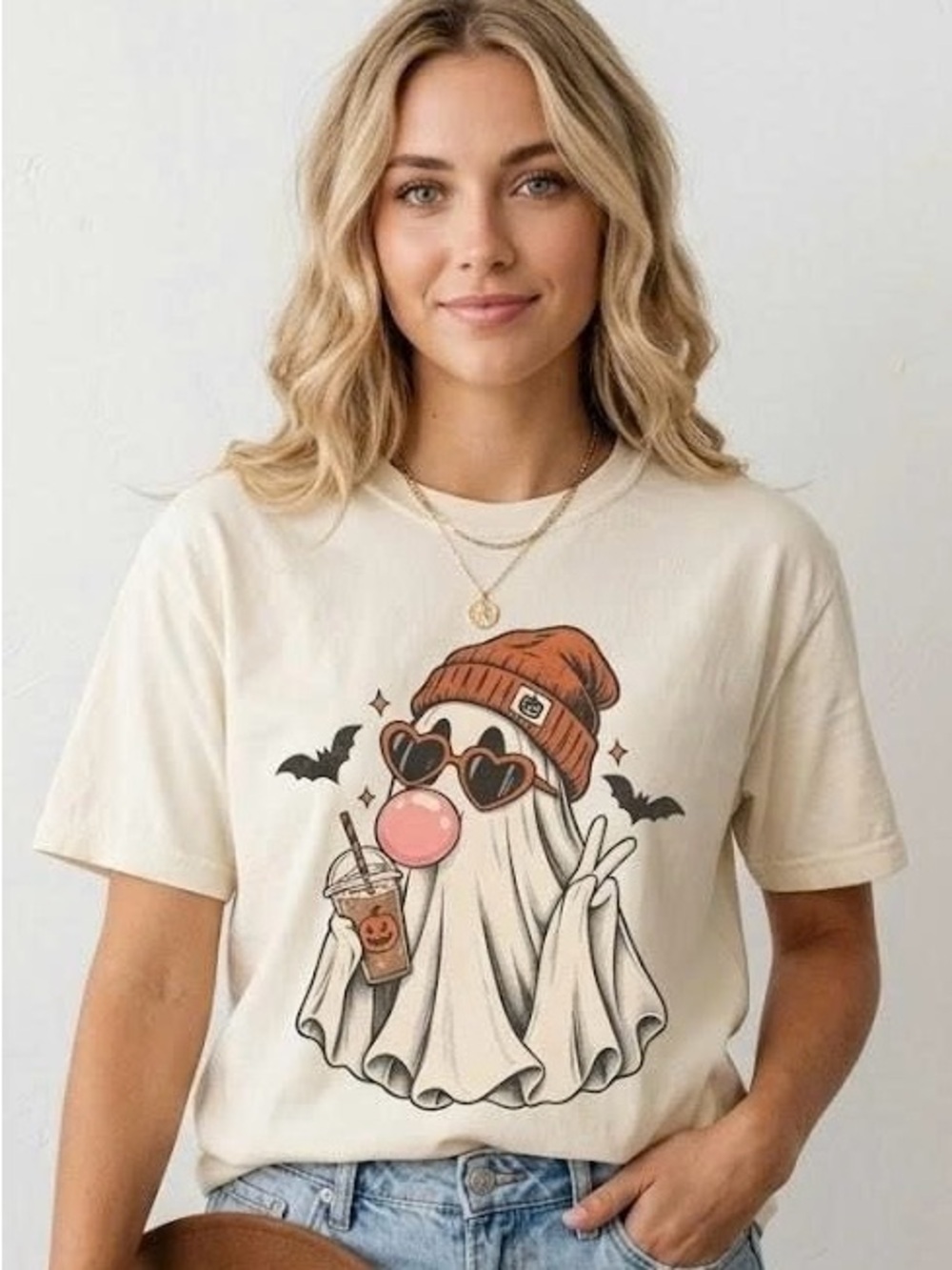 Cute Spooky Ghost Iced Coffee Halloween Graphic Tee Cream Gildan Shirt